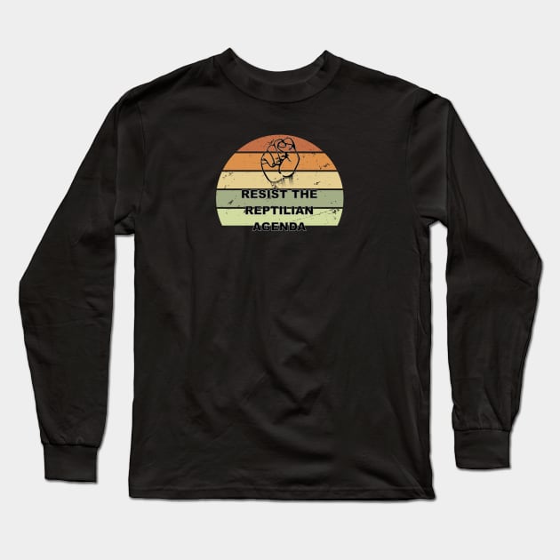 Distressed Resist The Reptilian Agenda Retro Sunset Drawing Long Sleeve T-Shirt by Braznyc